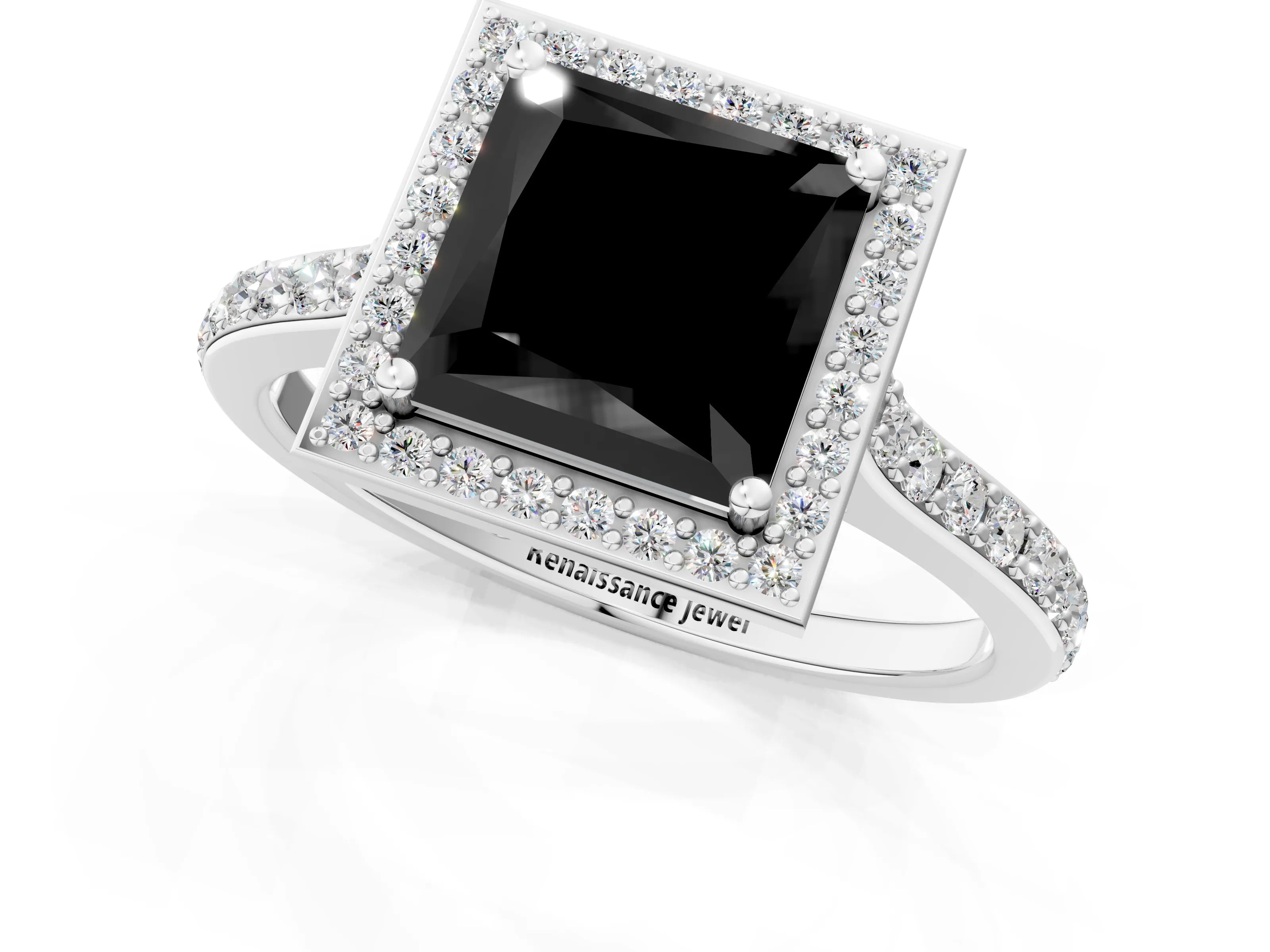 White gold Fancy Black Princess Cut Halo Round Diamond Pavé Band with Four-Prong Setting_16