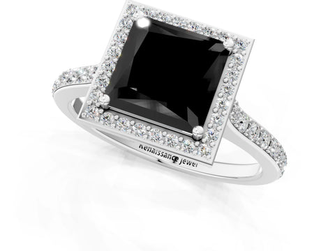 White gold Fancy Black Princess Cut Halo Round Diamond Pavé Band with Four-Prong Setting_16