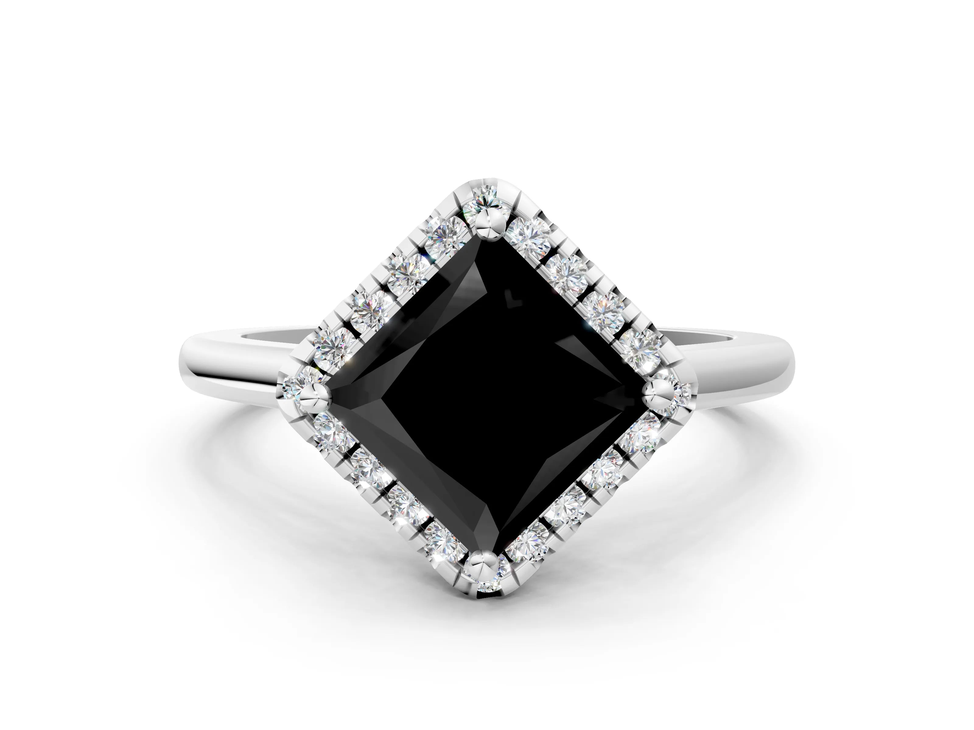 White gold Fancy Black Princess Cut Halo Round Diamond Solitaire Engagement Ring with Pave Band and Four-Prong Setting_24