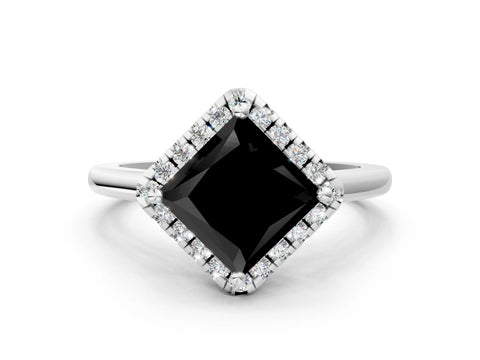 White gold Fancy Black Princess Cut Halo Round Diamond Solitaire Engagement Ring with Pave Band and Four-Prong Setting_24