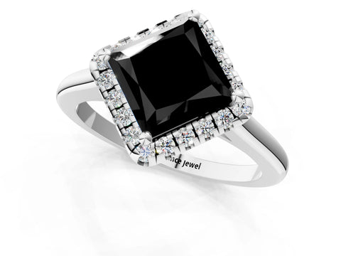 White gold Fancy Black Princess Cut Halo Round Diamond Solitaire Engagement Ring with Pave Band and Four-Prong Setting_25