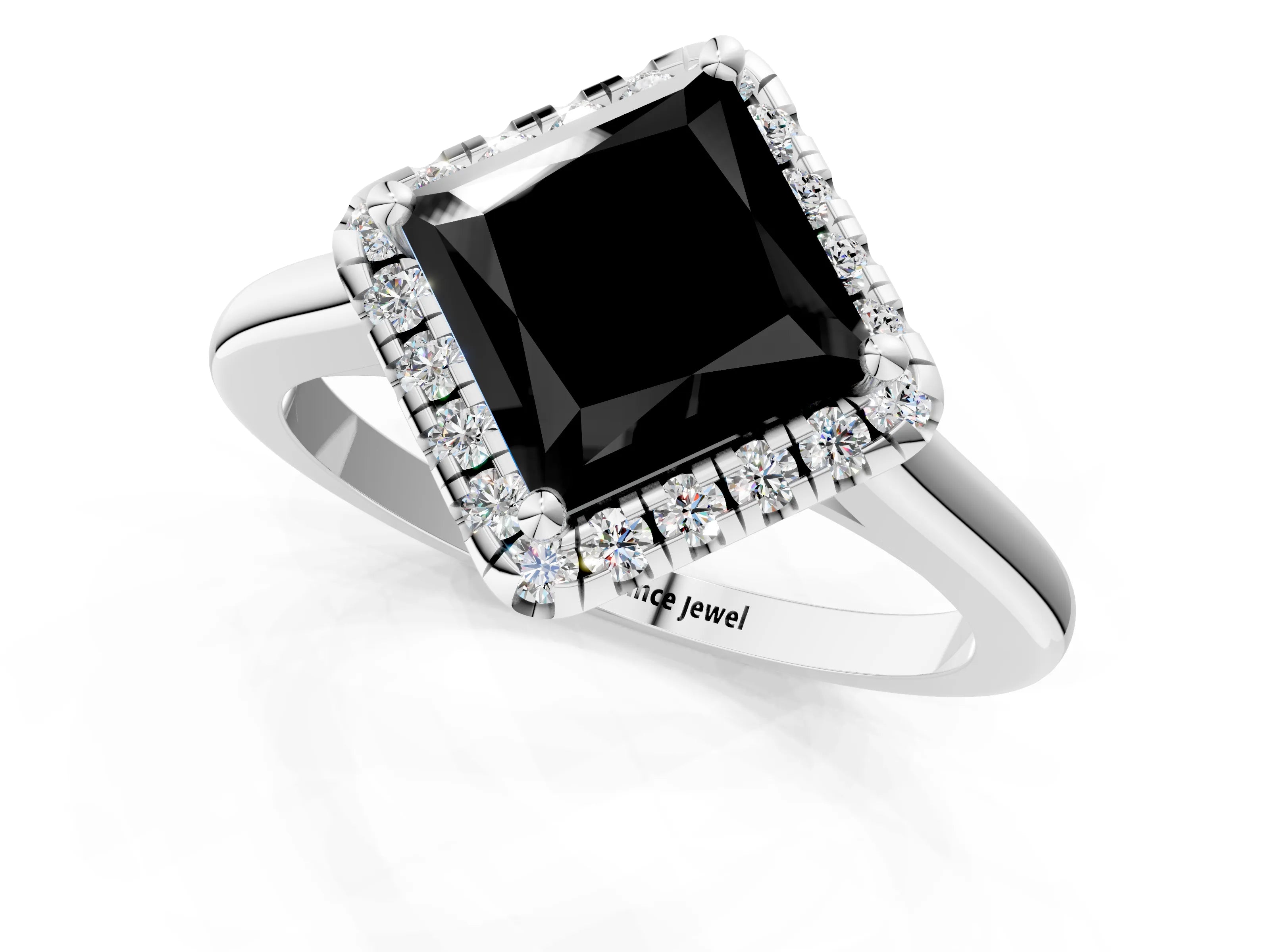 White gold Fancy Black Princess Cut Halo Round Diamond Solitaire Engagement Ring with Pave Band and Four-Prong Setting_25