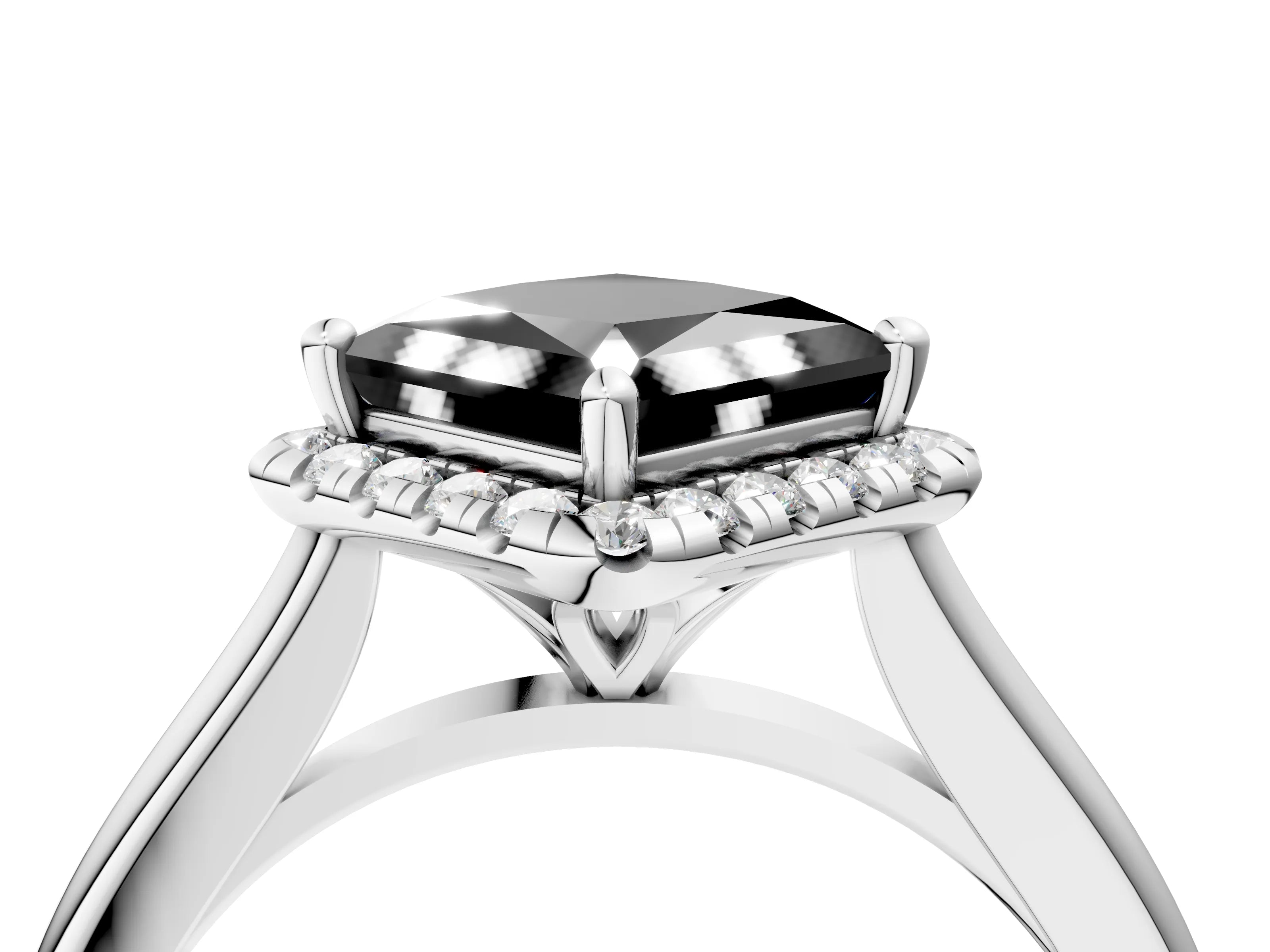 White gold Fancy Black Princess Cut Halo Round Diamond Solitaire Engagement Ring with Pave Band and Four-Prong Setting_28