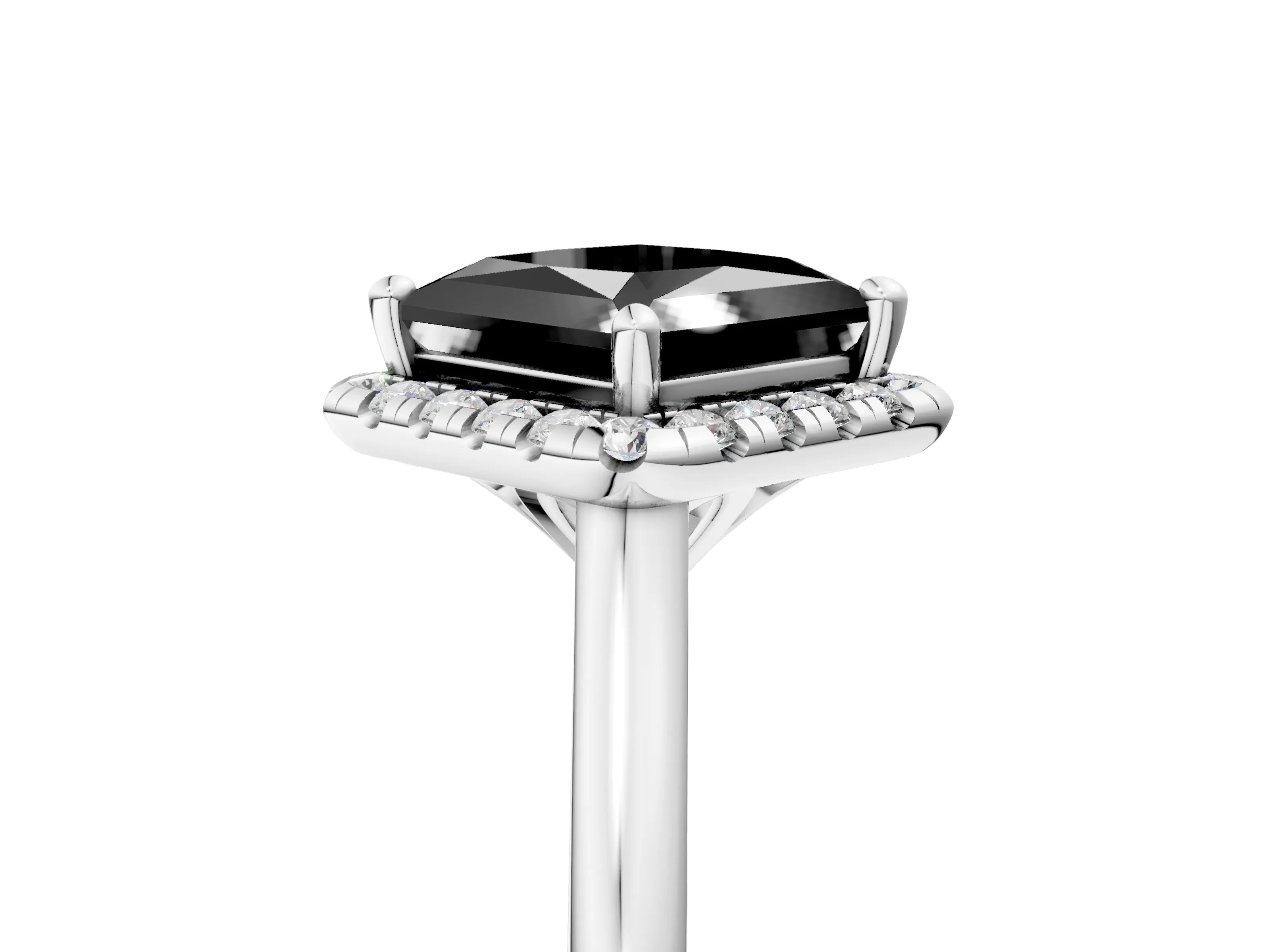 White gold Fancy Black Princess Cut Halo Round Diamond Solitaire Engagement Ring with Pave Band and Four-Prong Setting_29