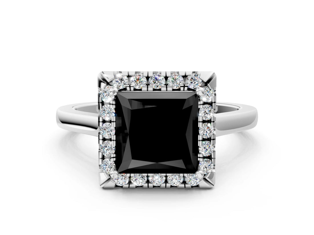 White gold Fancy Black Princess Cut Halo Round Diamond Solitaire Ring with Pavé Band and Four-Prong Setting_12