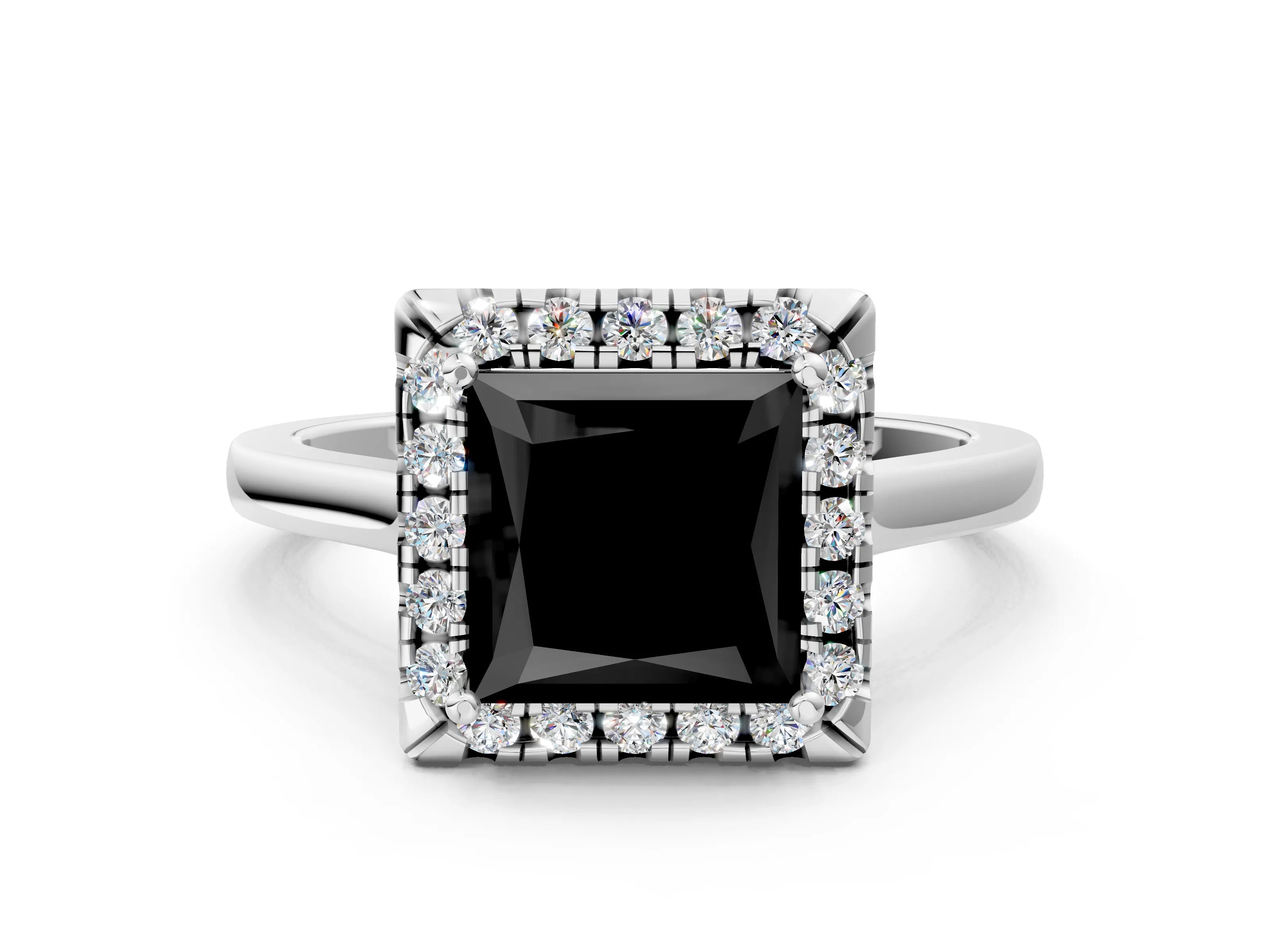 White gold Fancy Black Princess Cut Halo Round Diamond Solitaire Ring with Pavé Band and Four-Prong Setting_12