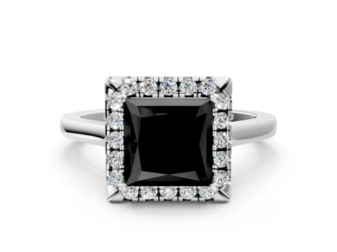 White gold Fancy Black Princess Cut Halo Round Diamond Solitaire Ring with Pavé Band and Four-Prong Setting_12