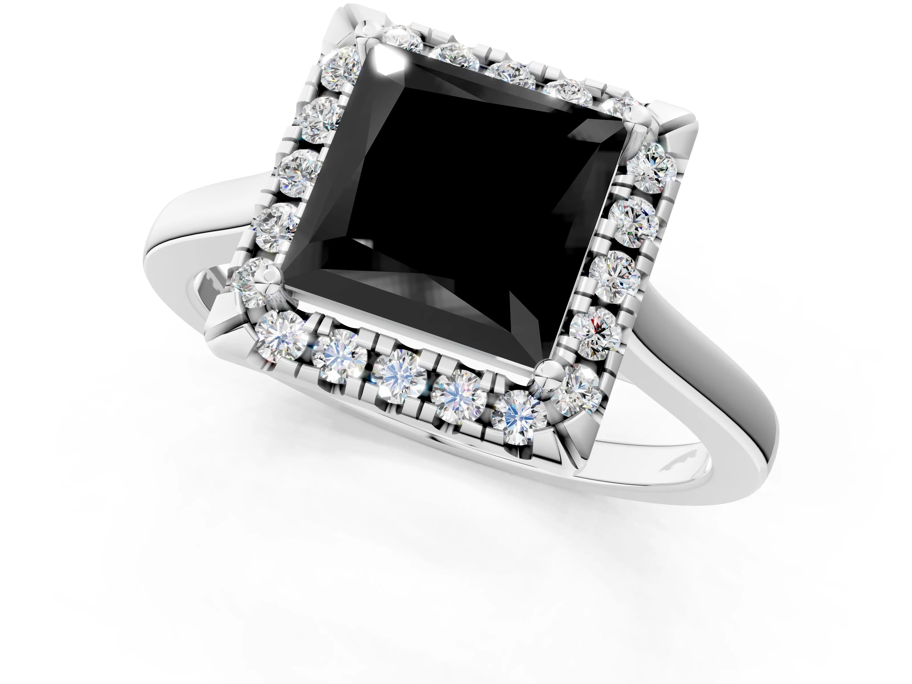 White gold Fancy Black Princess Cut Halo Round Diamond Solitaire Ring with Pavé Band and Four-Prong Setting_13
