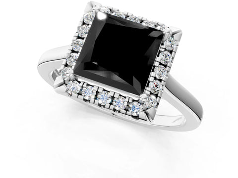 White gold Fancy Black Princess Cut Halo Round Diamond Solitaire Ring with Pavé Band and Four-Prong Setting_13