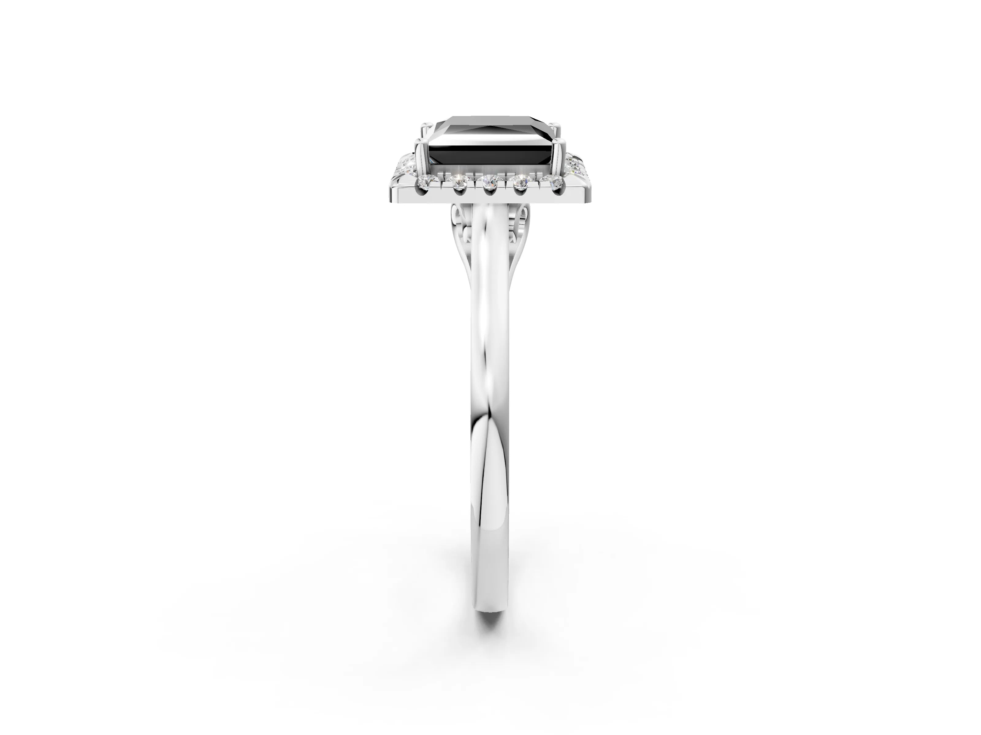 White gold Fancy Black Princess Cut Halo Round Diamond Solitaire Ring with Pavé Band and Four-Prong Setting_14