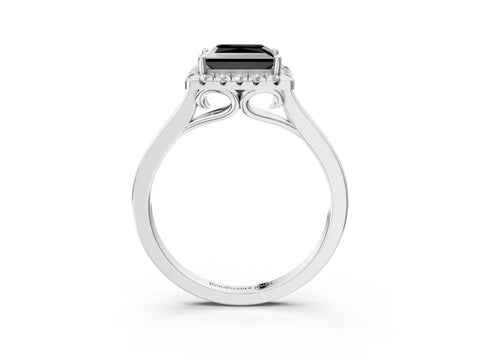 White gold Fancy Black Princess Cut Halo Round Diamond Solitaire Ring with Pavé Band and Four-Prong Setting_15
