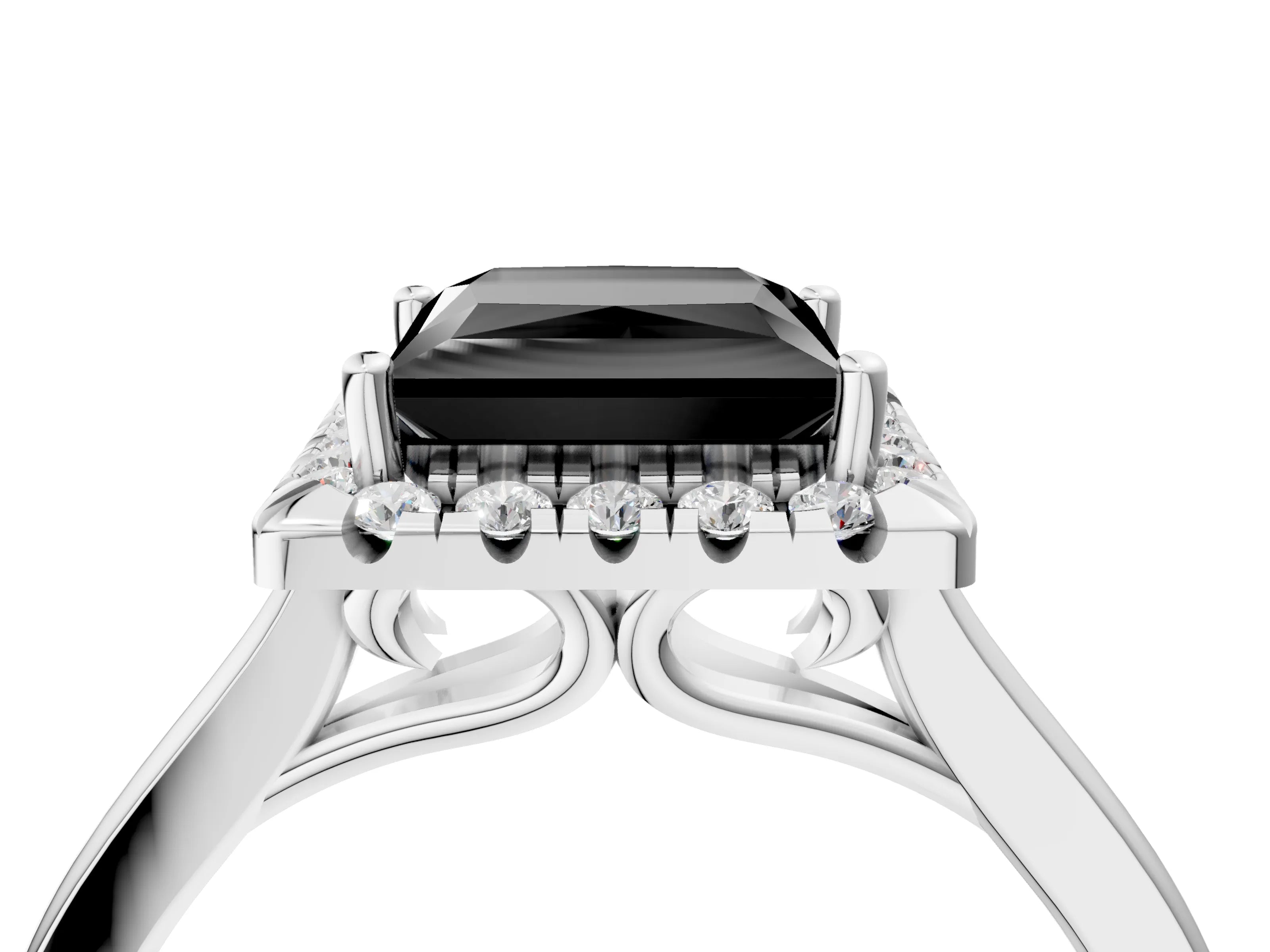 White gold Fancy Black Princess Cut Halo Round Diamond Solitaire Ring with Pavé Band and Four-Prong Setting_16