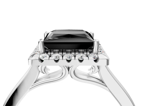 White gold Fancy Black Princess Cut Halo Round Diamond Solitaire Ring with Pavé Band and Four-Prong Setting_16