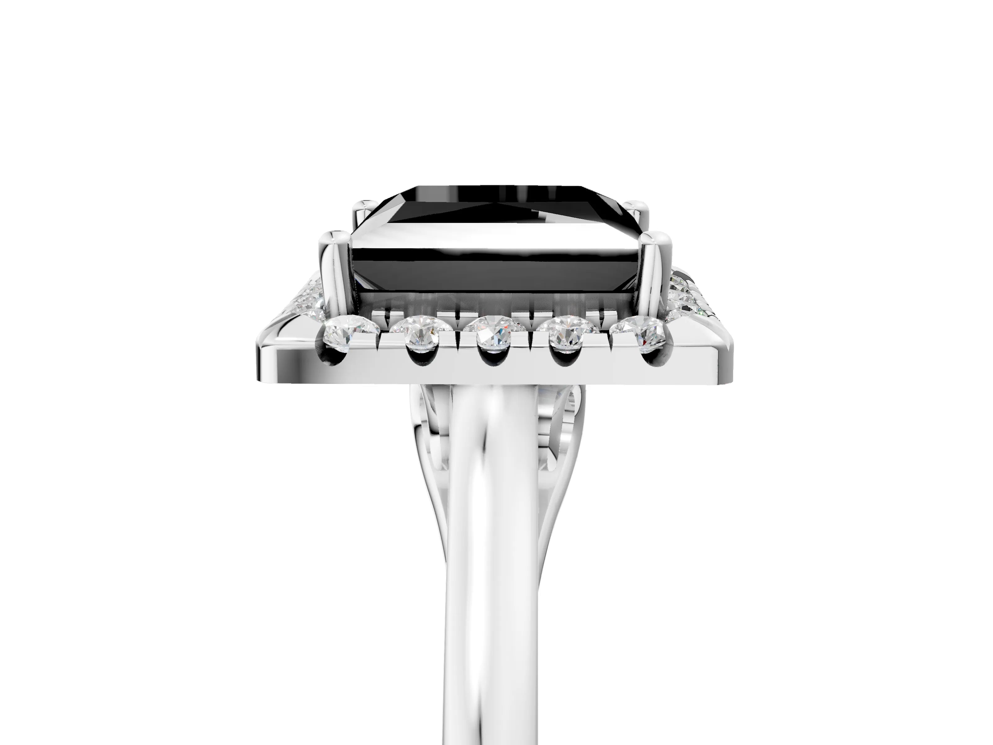 White gold Fancy Black Princess Cut Halo Round Diamond Solitaire Ring with Pavé Band and Four-Prong Setting_17