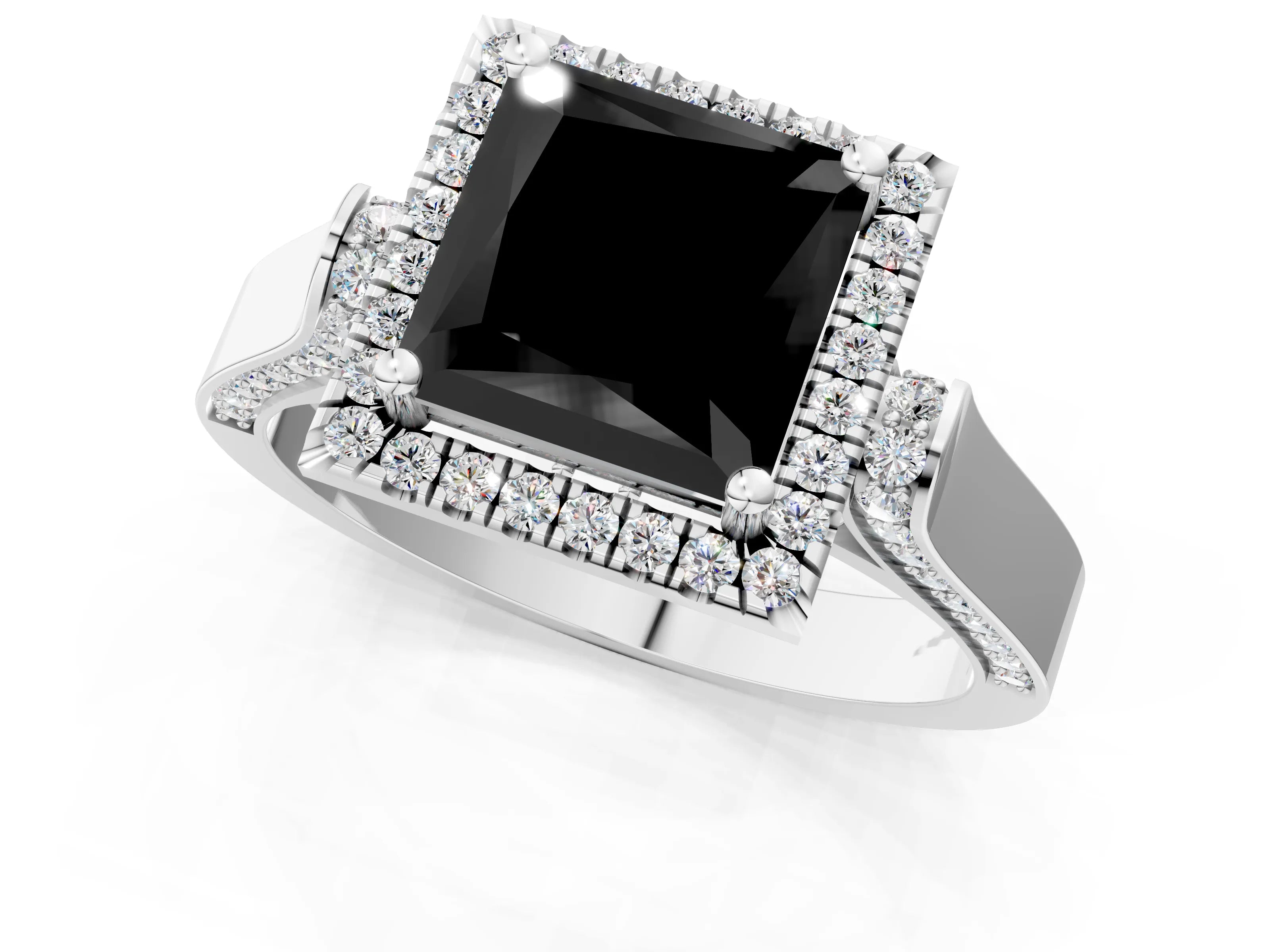 White gold Fancy Black Princess Cut Halo Round Diamond Twist Band with Four-Prong Setting_1