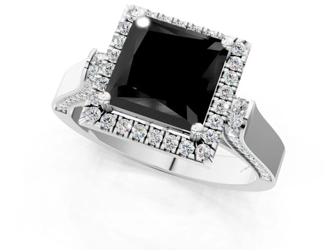 White gold Fancy Black Princess Cut Halo Round Diamond Twist Band with Four-Prong Setting_1