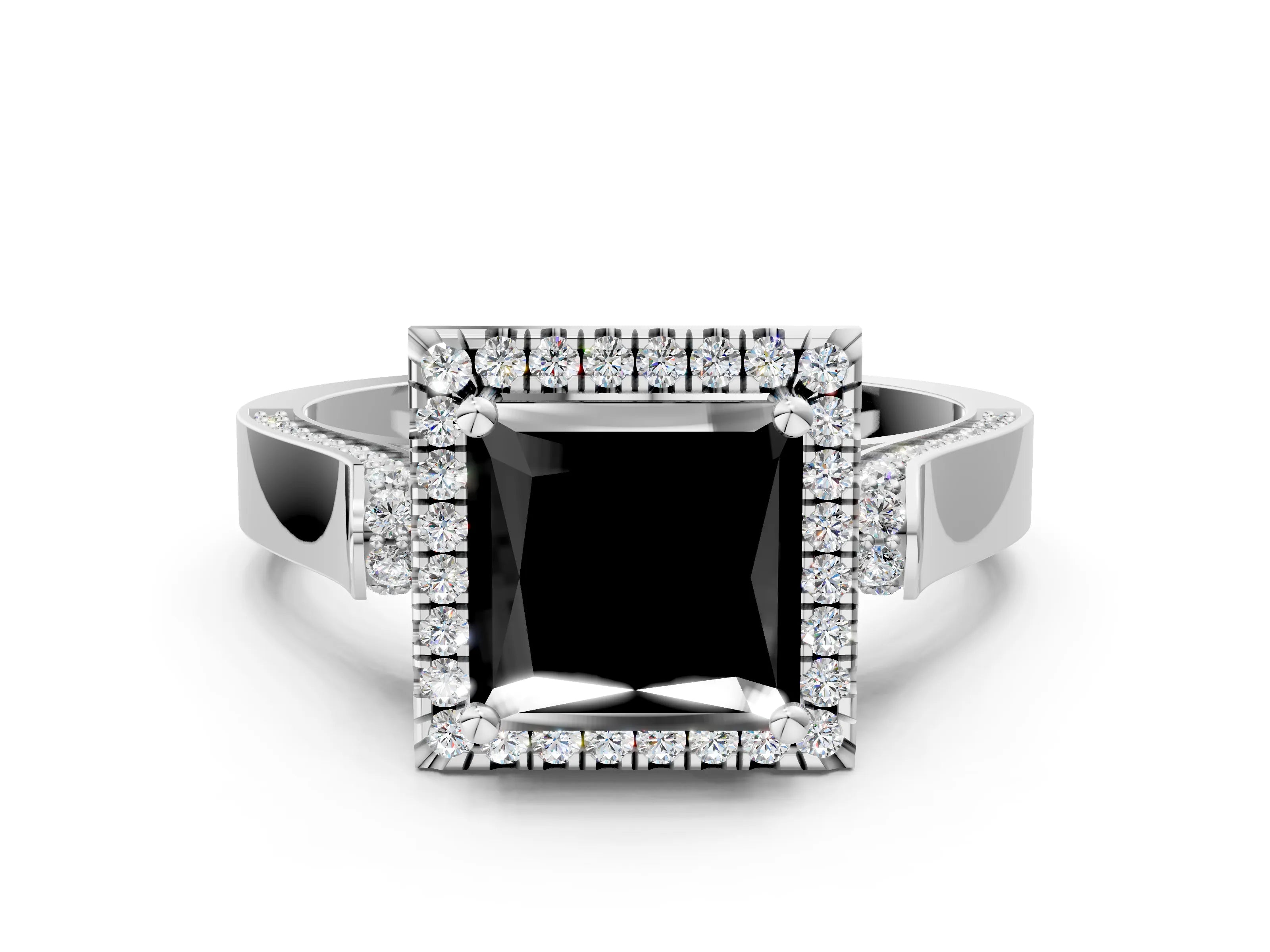 White gold Fancy Black Princess Cut Halo Round Diamond Twist Band with Four-Prong Setting_24
