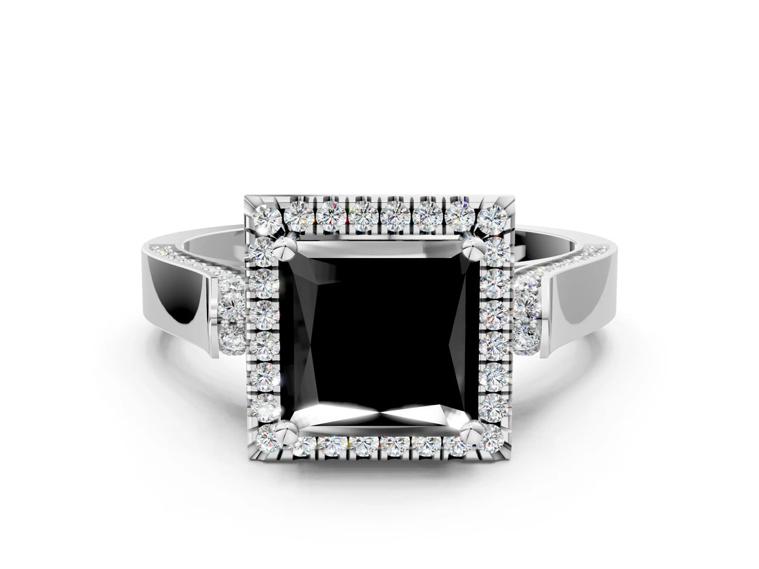 White gold Fancy Black Princess Cut Halo Round Diamond Twist Band with Four-Prong Setting_24