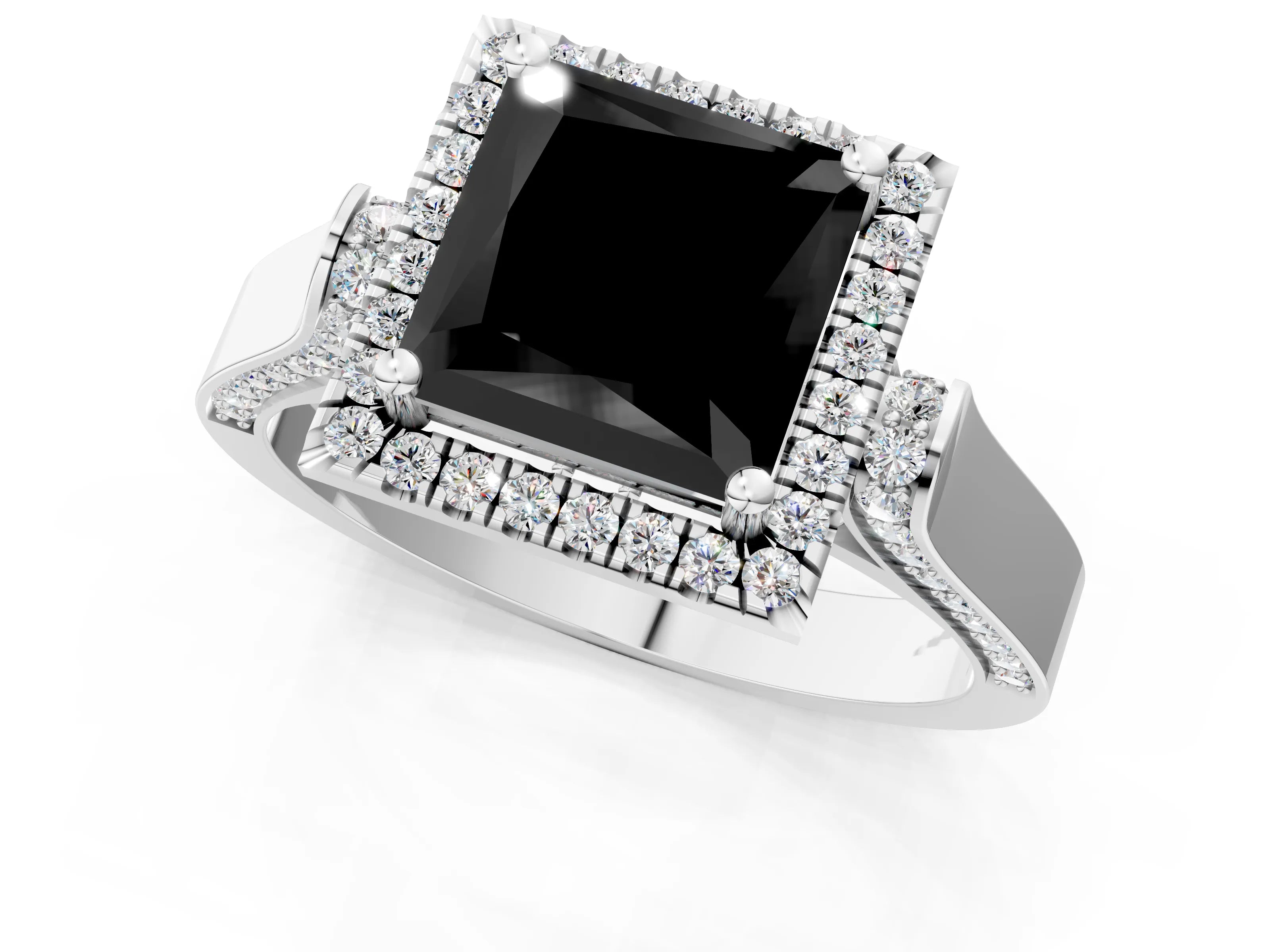White gold Fancy Black Princess Cut Halo Round Diamond Twist Band with Four-Prong Setting_25