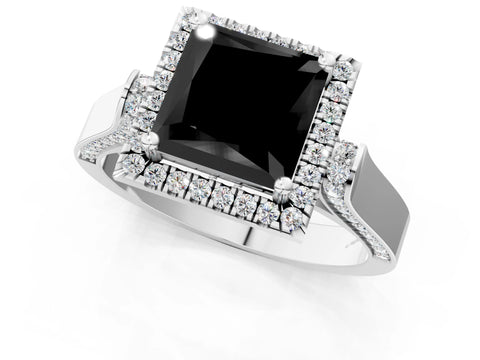 White gold Fancy Black Princess Cut Halo Round Diamond Twist Band with Four-Prong Setting_25