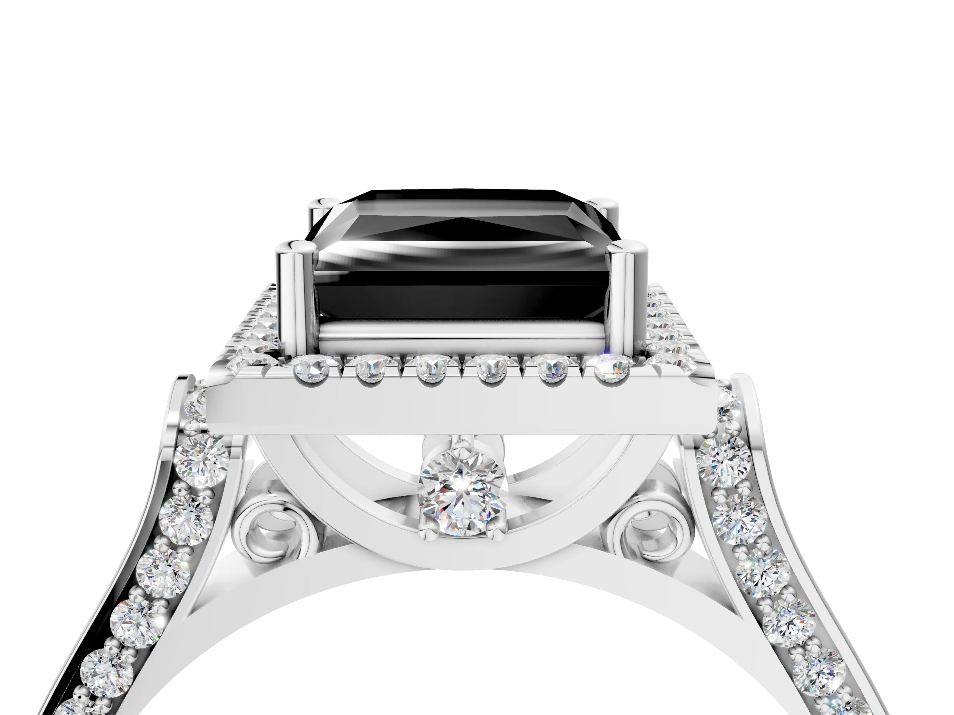 White gold Fancy Black Princess Cut Halo Round Diamond Twist Band with Four-Prong Setting_28