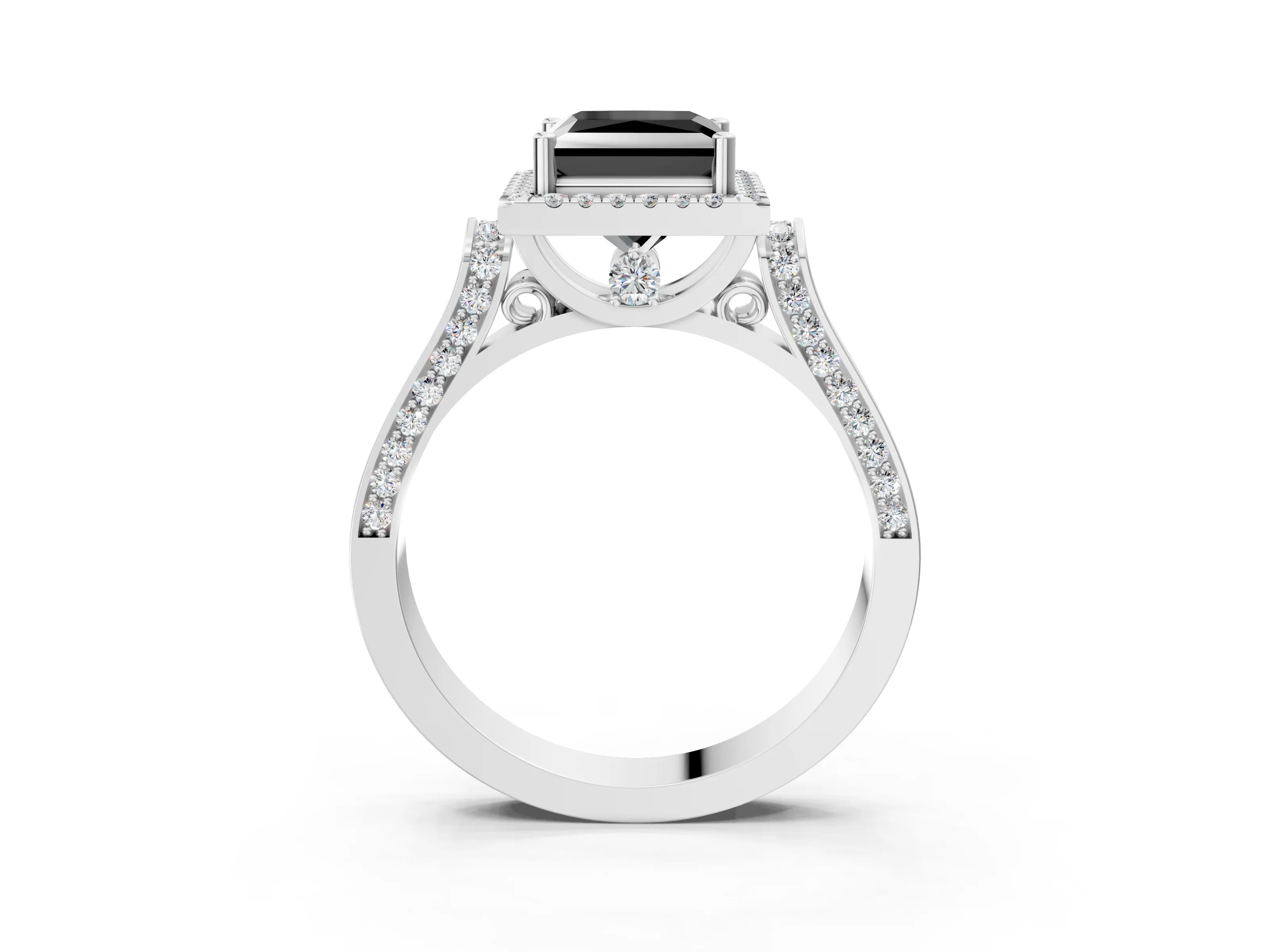 White gold Fancy Black Princess Cut Halo Round Diamond Twist Band with Four-Prong Setting_3
