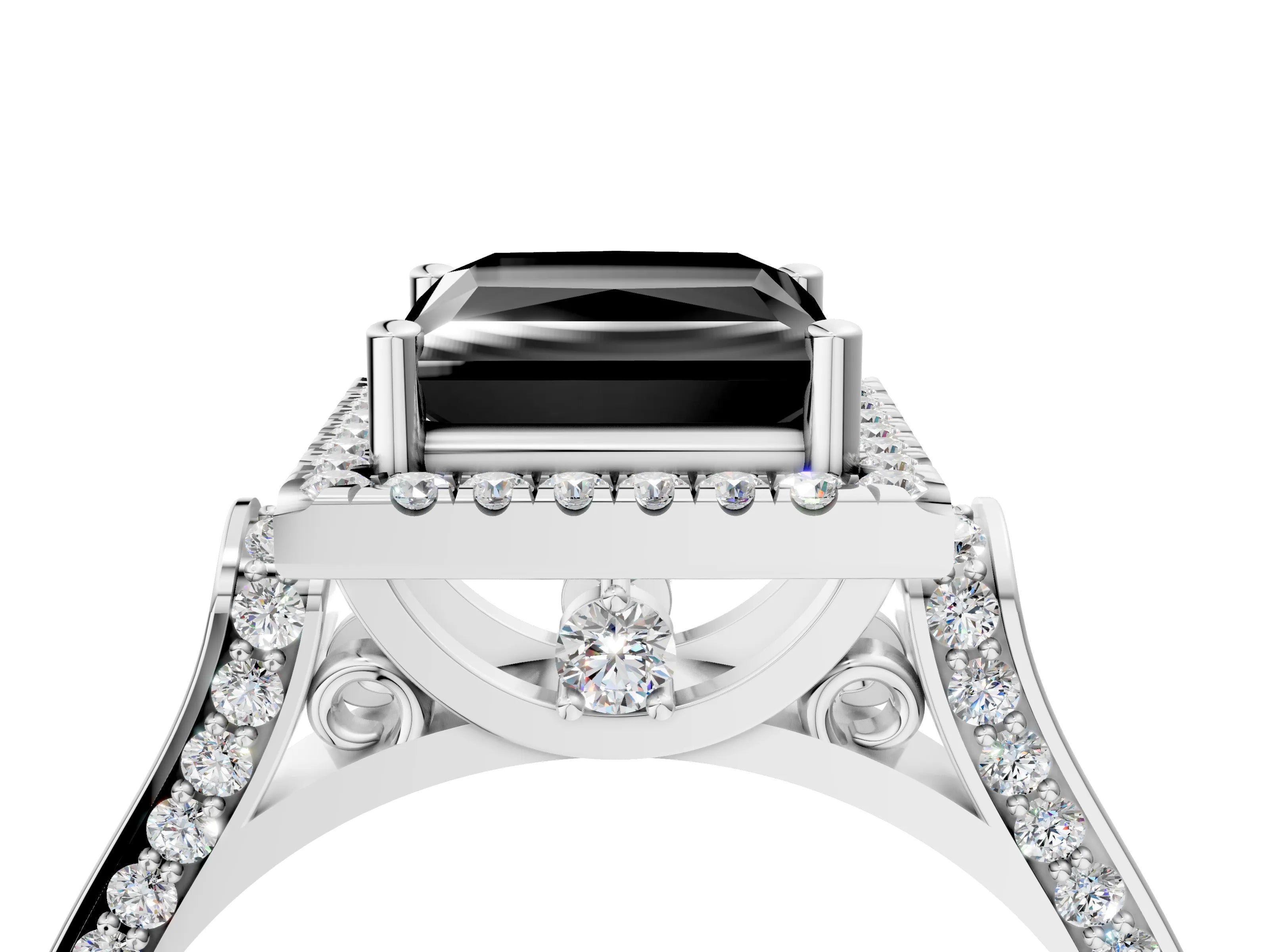 White gold Fancy Black Princess Cut Halo Round Diamond Twist Band with Four-Prong Setting_4