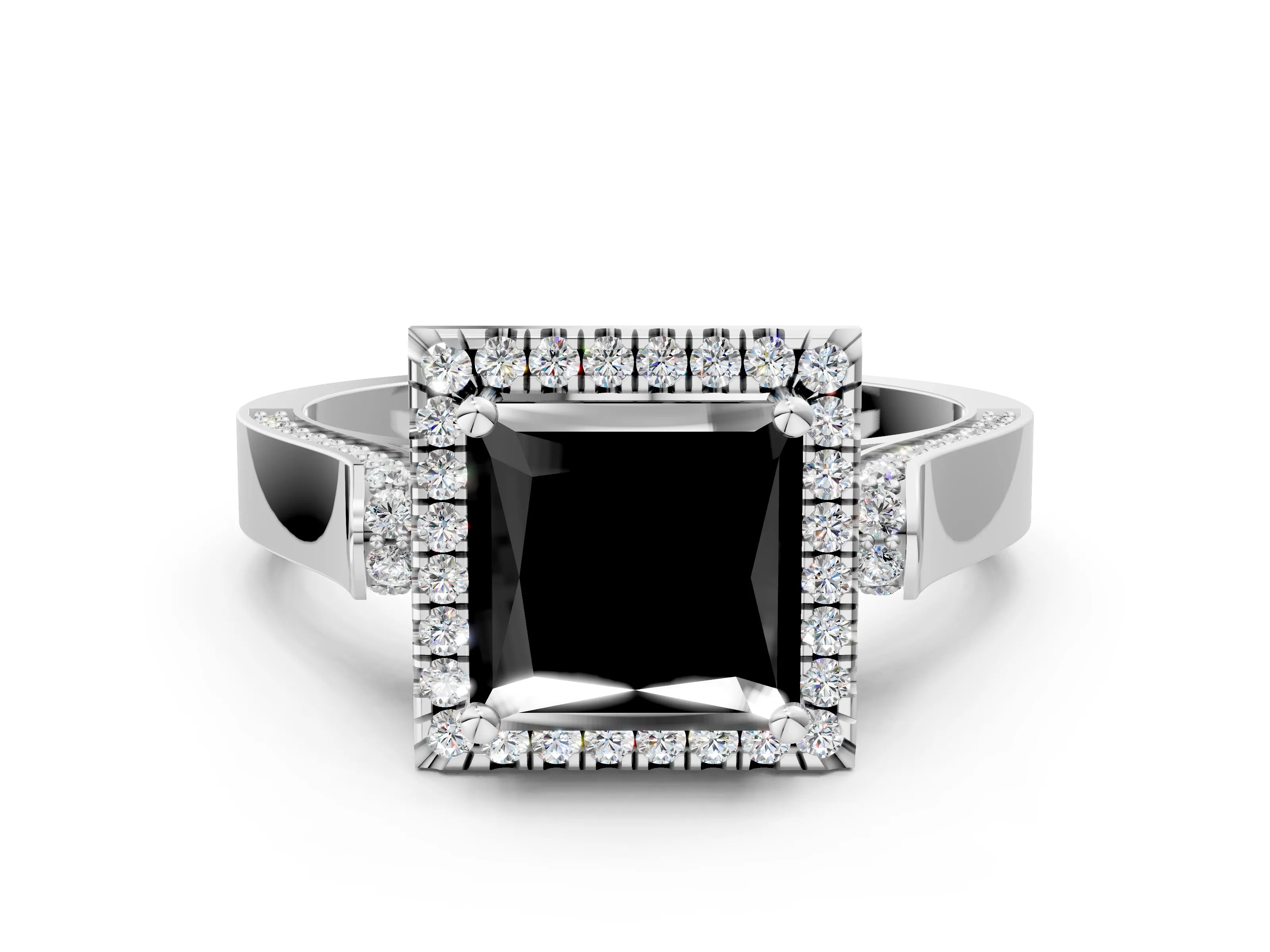 White gold Fancy Black Princess Cut Halo Round Diamond Twist Band with Four-Prong Setting