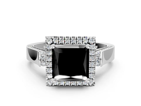 White gold Fancy Black Princess Cut Halo Round Diamond Twist Band with Four-Prong Setting