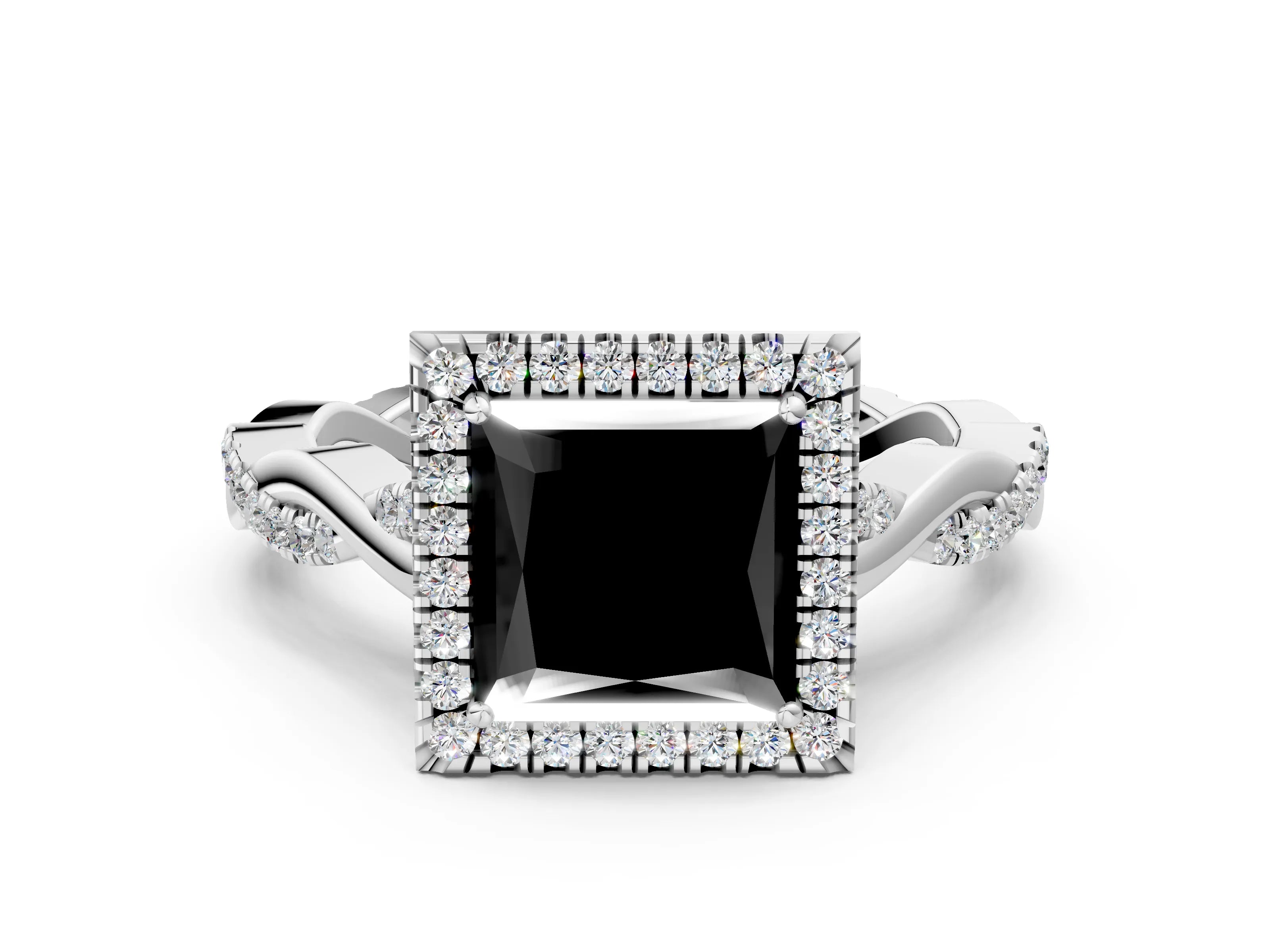 White gold Fancy Black Princess Cut Halo Twist Band with Four-Prong Setting