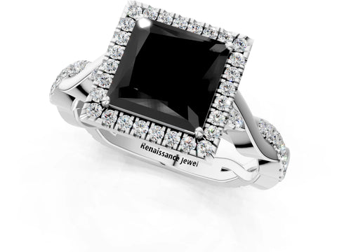 White gold Fancy Black Princess Cut Halo Twist Band with Four-Prong Setting_1
