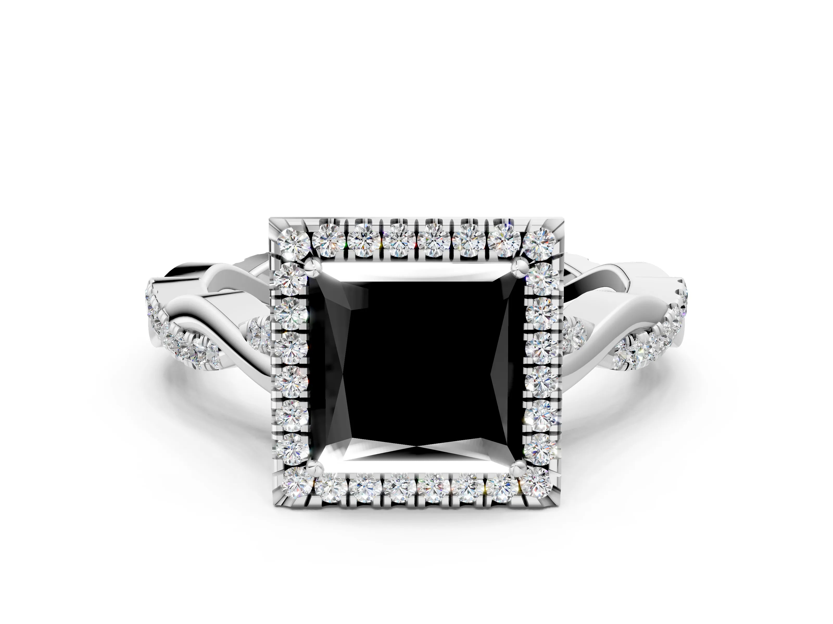 White gold Fancy Black Princess Cut Halo Twist Band with Four-Prong Setting_72