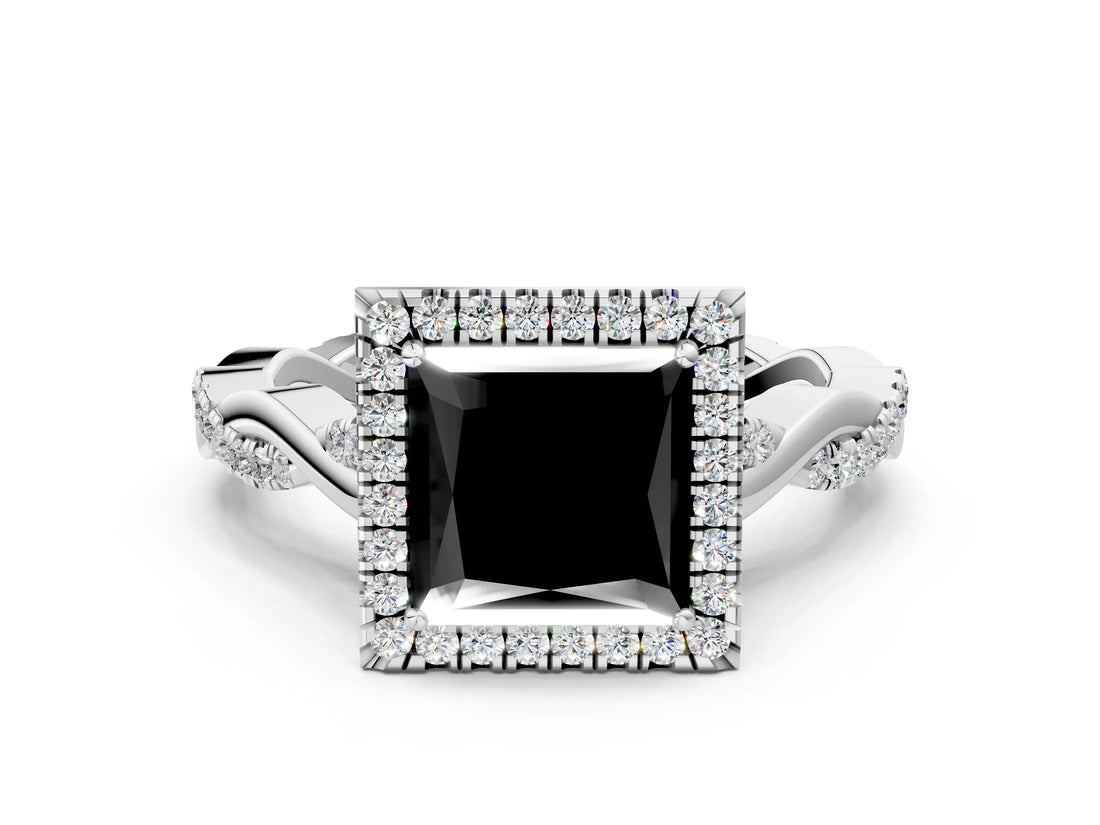 White gold Fancy Black Princess Cut Halo Twist Band with Four-Prong Setting_72