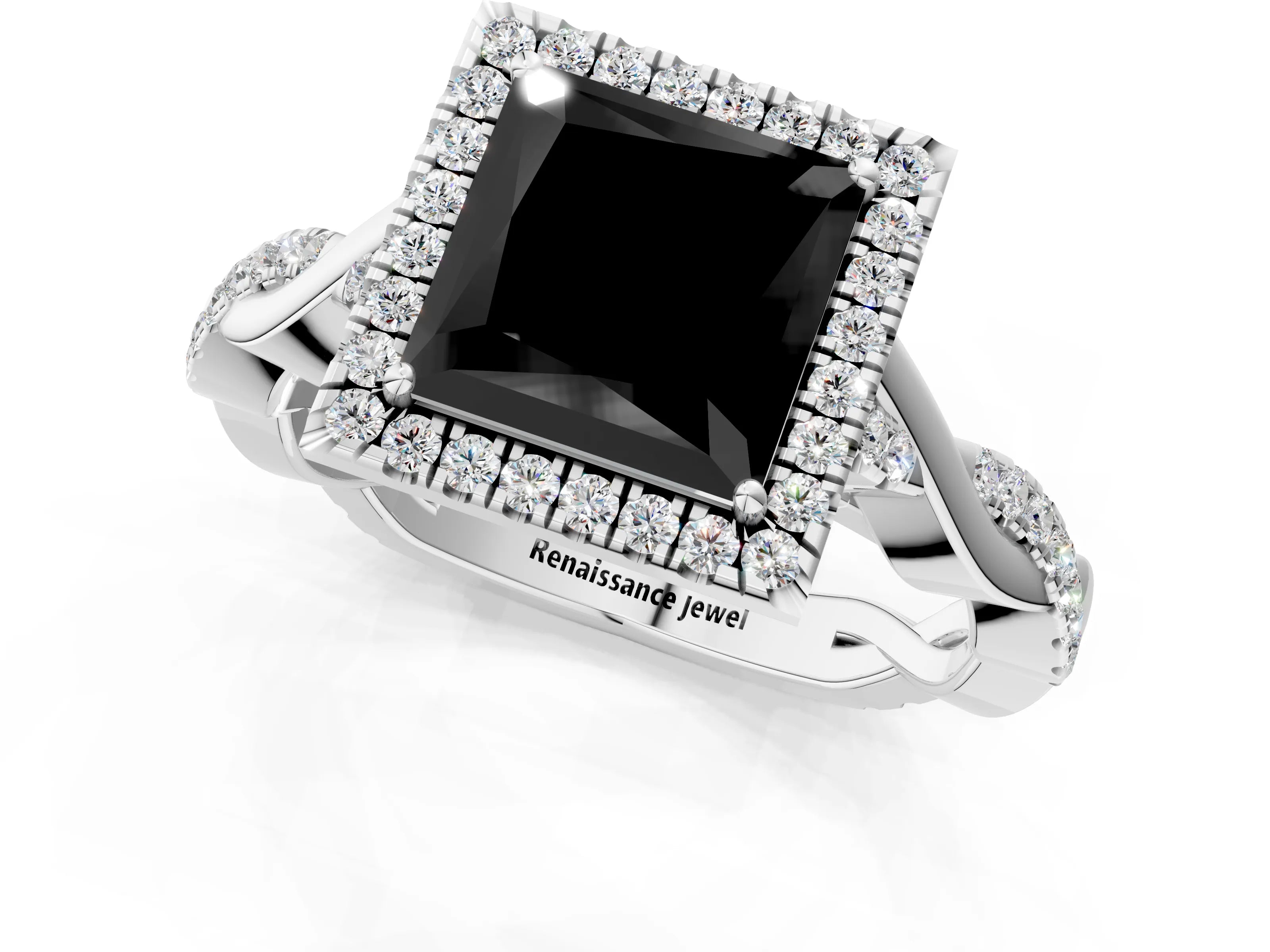 White gold Fancy Black Princess Cut Halo Twist Band with Four-Prong Setting_73