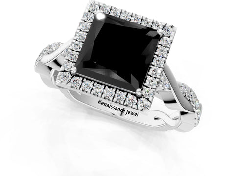 White gold Fancy Black Princess Cut Halo Twist Band with Four-Prong Setting_73