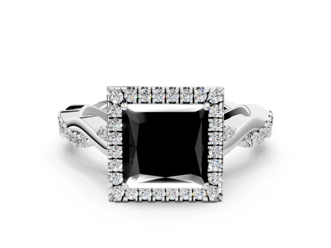 White gold Fancy Black Princess Cut Halo Twist Band with Four-Prong Setting