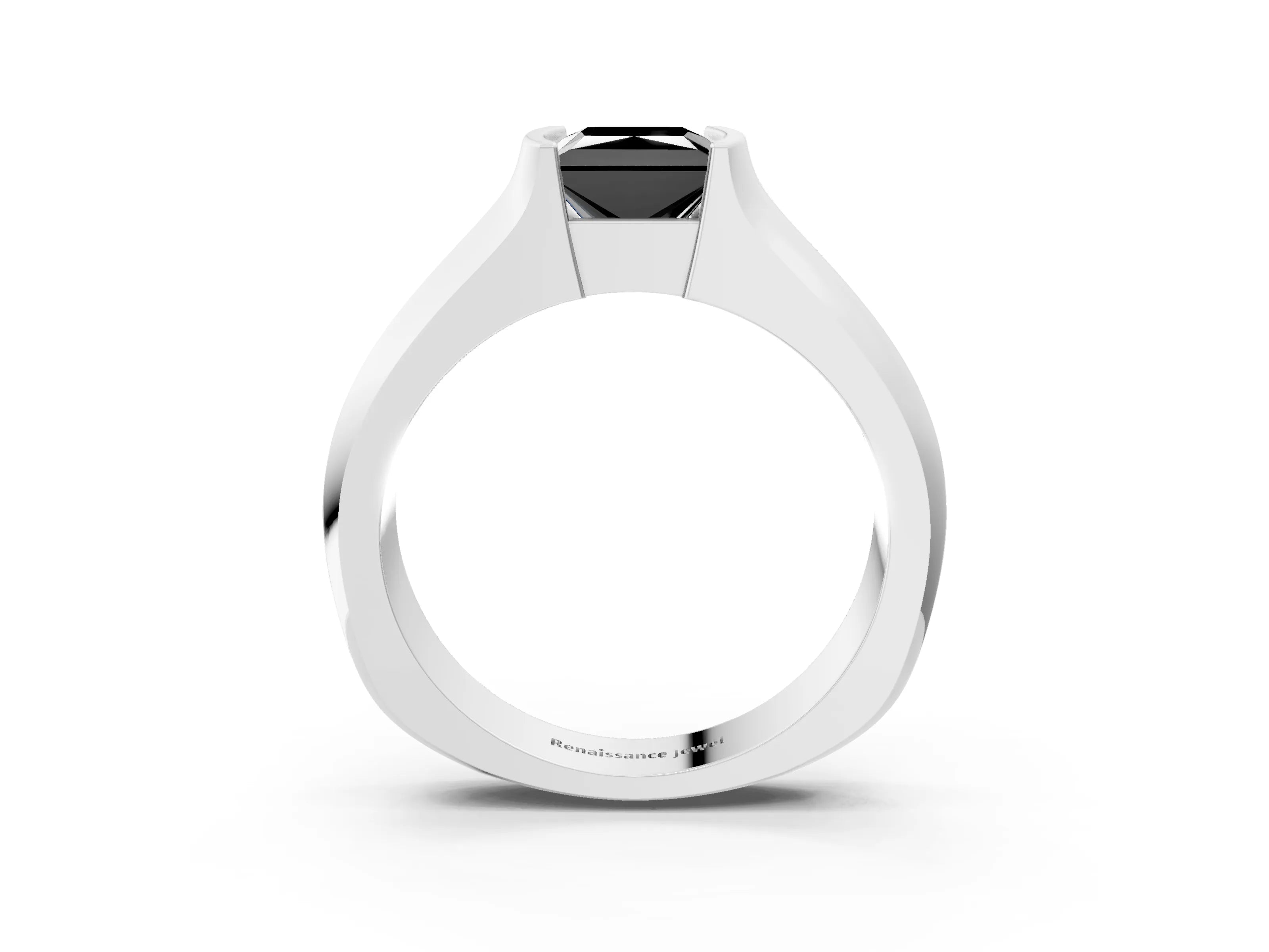 White gold Fancy Black Princess Cut Solitaire Bezel Set Diamond Ring with Wide Band_15