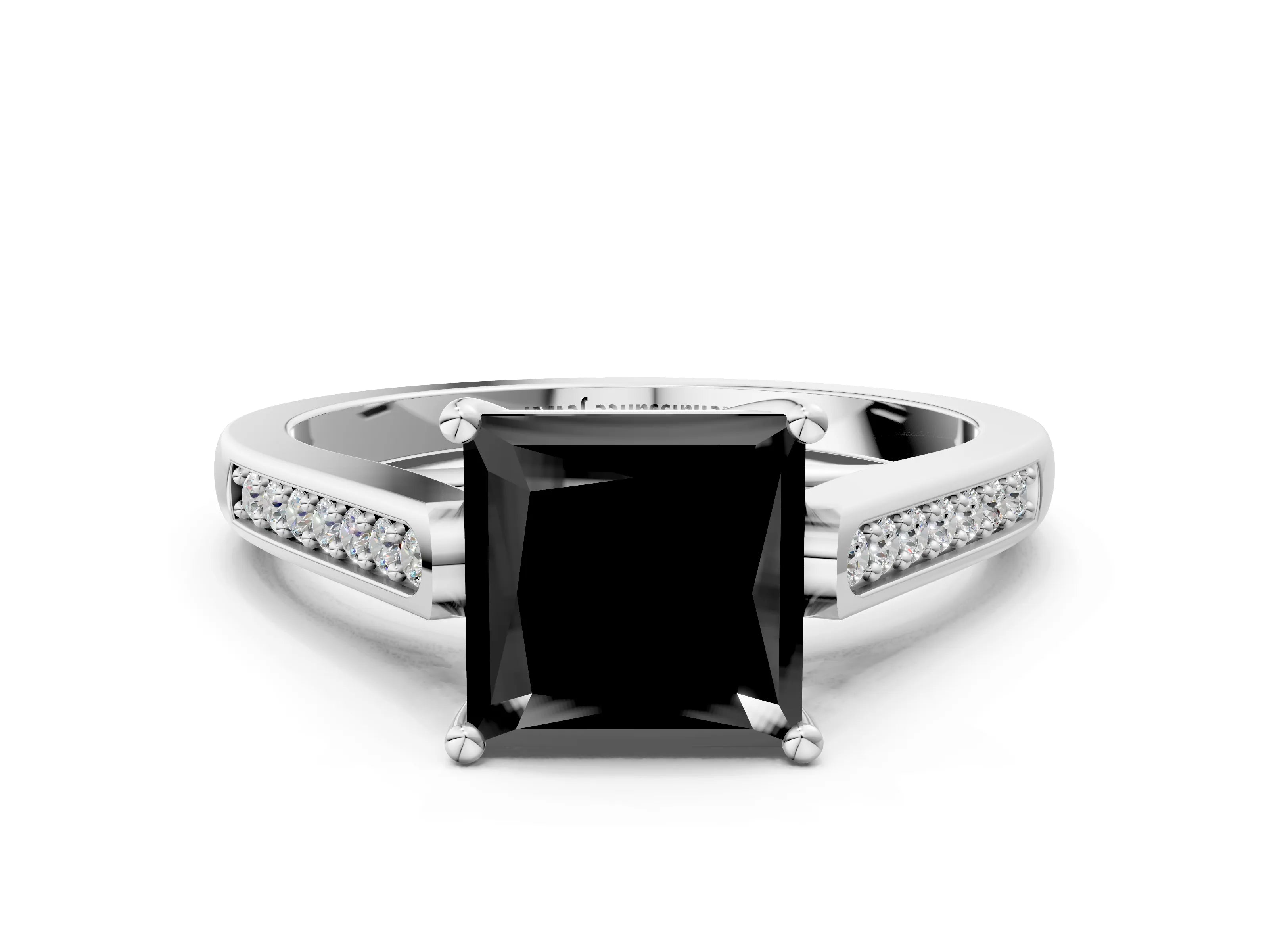 White gold Fancy Black Princess Cut Solitaire Cathedral Diamond Engagement Ring with Channel-Set Band and Four-Prong Setting_15
