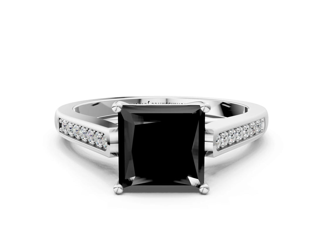 White gold Fancy Black Princess Cut Solitaire Cathedral Diamond Engagement Ring with Channel-Set Band and Four-Prong Setting_15