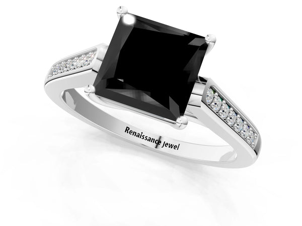 Platinum Princess Cut Cathedral Solitaire Engagement Ring Setting for Black Center