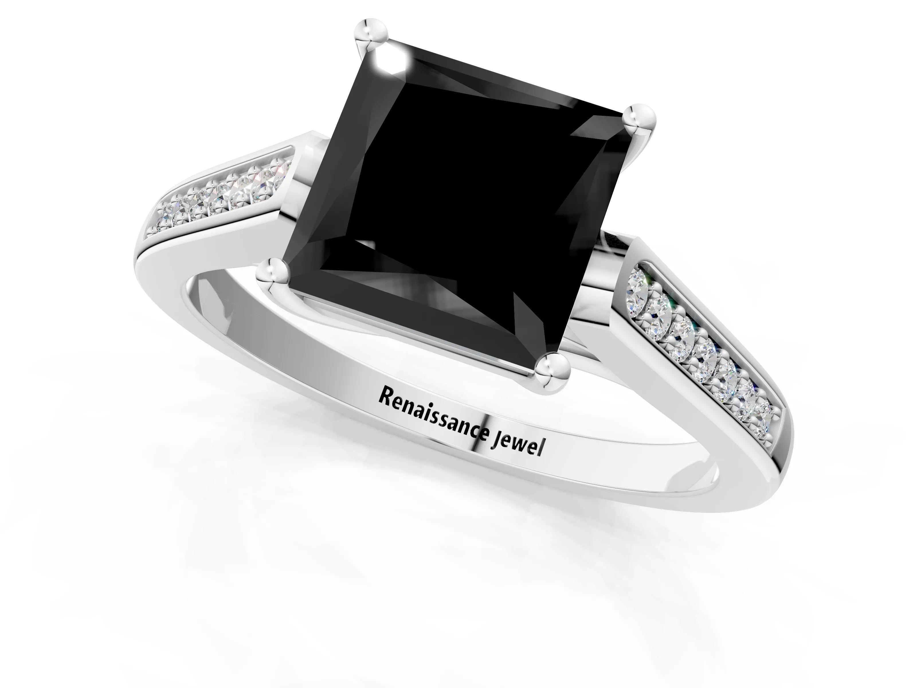 White gold Fancy Black Princess Cut Solitaire Cathedral Diamond Engagement Ring with Channel-Set Band and Four-Prong Setting_16