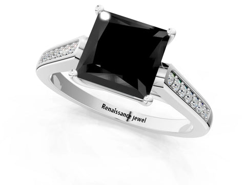White gold Fancy Black Princess Cut Solitaire Cathedral Diamond Engagement Ring with Channel-Set Band and Four-Prong Setting_16