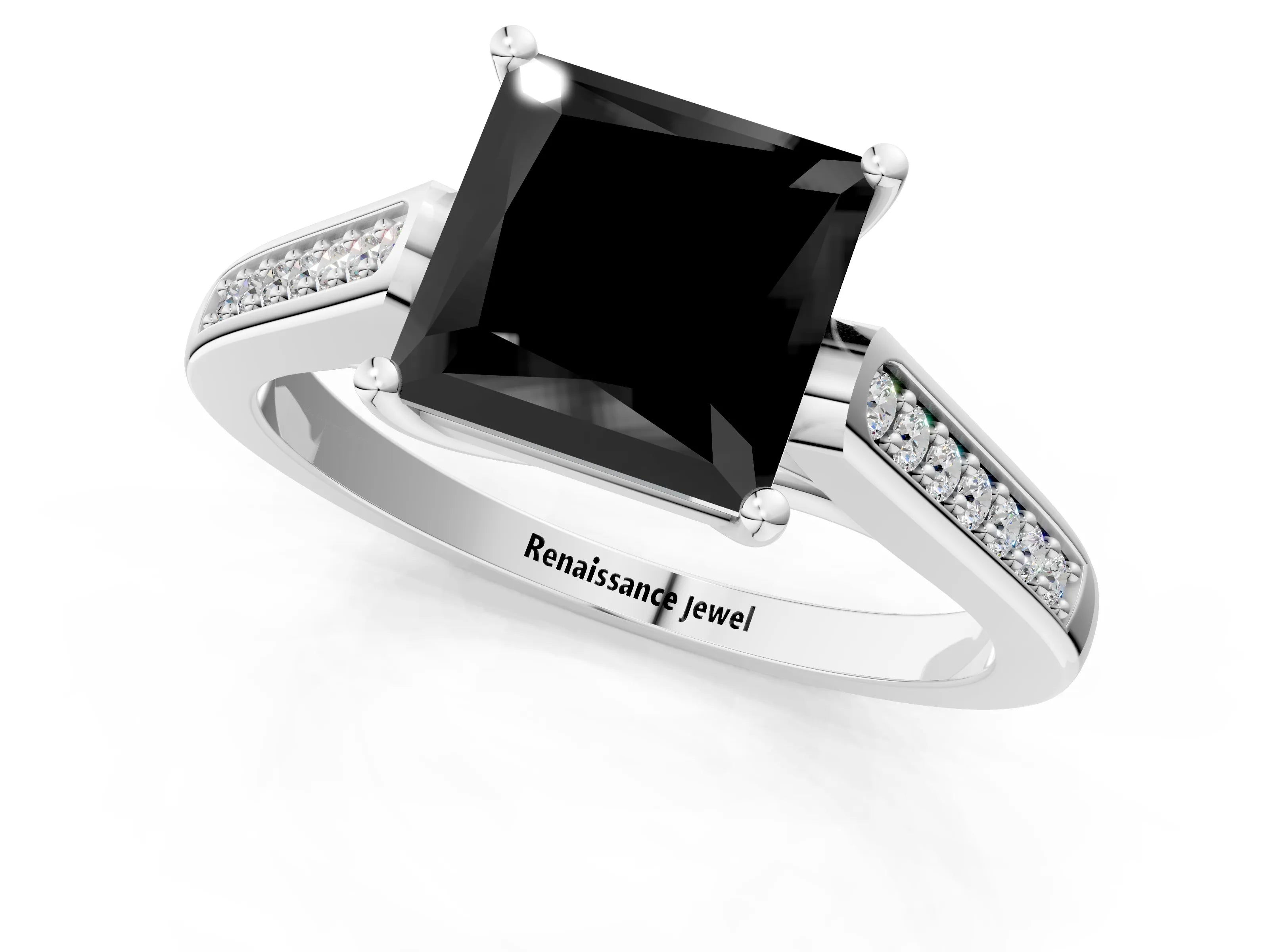 White gold Fancy Black Princess Cut Solitaire Cathedral Diamond Engagement Ring with Channel-Set Band and Four-Prong Setting_4