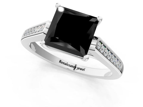 White gold Fancy Black Princess Cut Solitaire Cathedral Diamond Engagement Ring with Channel-Set Band and Four-Prong Setting_4