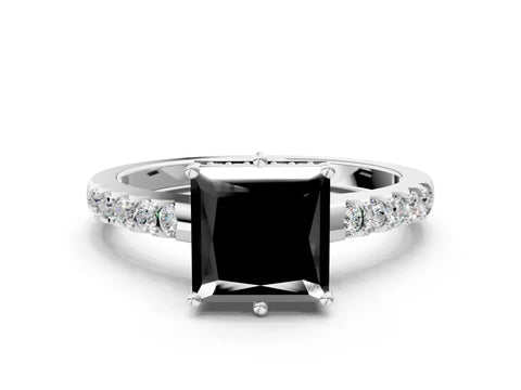 White gold Fancy Black Princess Cut Solitaire Diamond Engagement Ring with Pavé Band and Six-Prong Setting_12