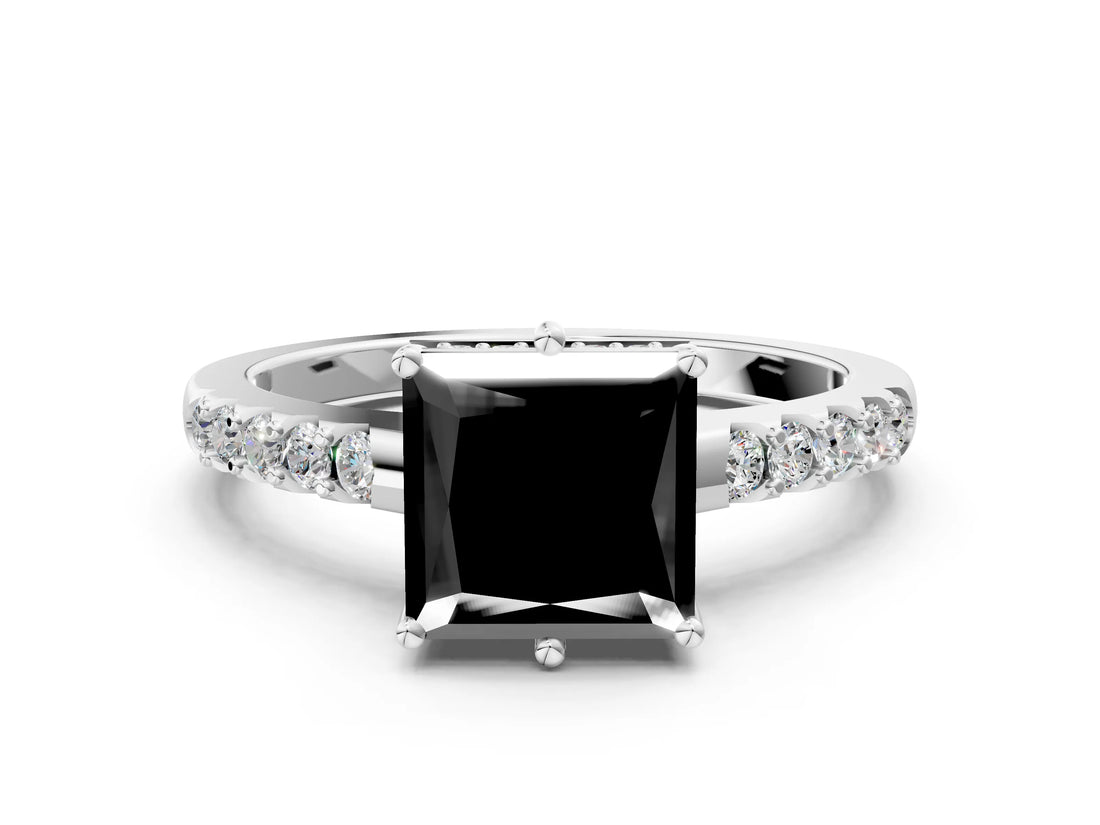 White gold Fancy Black Princess Cut Solitaire Diamond Engagement Ring with Pavé Band and Six-Prong Setting_24