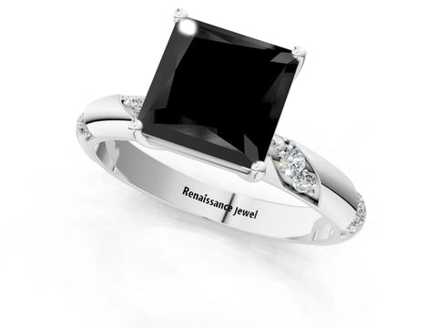 White gold Fancy Black Princess Cut Solitaire Diamond Engagement Ring with Twisted Pave Band and Four-Prong Setting_40