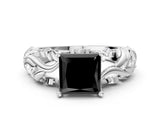 White gold Fancy Black Princess Cut Solitaire Diamond Leaf-Inspired Vine Band Ring with Prong Setting