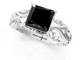 White gold Fancy Black Princess Cut Solitaire Diamond Leaf-Inspired Vine Band Ring with Prong Setting_1