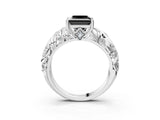 White gold Fancy Black Princess Cut Solitaire Diamond Leaf-Inspired Vine Band Ring with Prong Setting_3